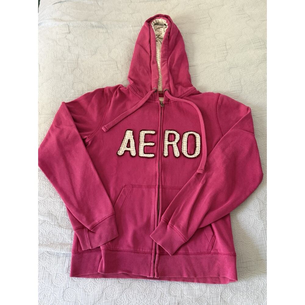 Vintage Y2K Aeropostale Aero Pink‎ Logo Hoodie Zip-up Sweatshirt Sz L